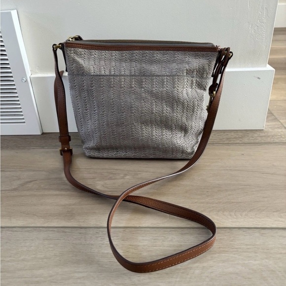 Fossil Handbags - Fossil Grey Textured Soft Leather Brown Brass Crossbody Messenger Bag Purse EUC